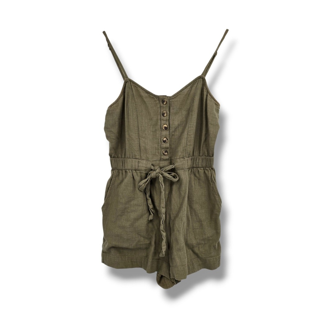 Aerie Womens Olive Green Cotton Button Front Smocked Back Romper Pockets Size XS